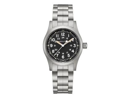 Hamilton Khaki Field Mechanical Handaufzug Edelstahl 38mm schwarzes Zifferblatt Metallband – Herrenuhren Uhr ohne Datum aus Edelstahl. Das Gehäuse ist rund und silber. Das Edelstahlarmband ist silber. Das Zifferblatt ist arabisch und schwarz.
