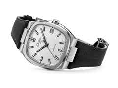 Glashütte Original Seventies Vintage Kollektion Stereo Panel Automatik Edelstahl 39x39mm silbernes Zifferblatt schwarzes Kautschukband – Herrenuhren Uhr mit Datum aus 750 Weißgold, Edelstahl und Kautschuk. Das Gehäuse ist quadratisch und silber. Das Kautschuk / Kunststoff / Silikon Armband ist schwarz. Das Zifferblatt ist ein Index in silber. – Ansicht 7