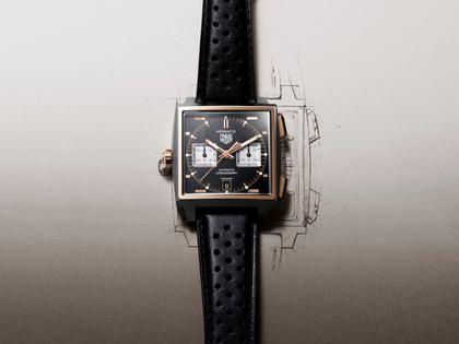 TAG Heuer Monaco Chronograph Automatik Titan und Roségold 39mm schwarzes Zifferblatt schwarzes Lederband – Herrenuhren Chronograph aus 750 Rotgold und Titan. Das Gehäuse ist quadratisch und silber-roségold. Das Lederarmband ist schwarz. Das Zifferblatt ist ein Index in schwarz. – Ansicht 4