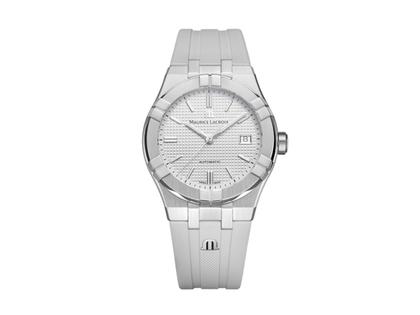 Maurice Lacroix Aikon Date Automatik Edelstahl 39mm weißes Zifferblatt graues Kautschukband – Herrenuhren Uhr mit Datum aus Edelstahl und Kautschuk. Das Gehäuse ist rund und silber. Das Kautschuk / Kunststoff / Silikon Armband ist grau. Das Zifferblatt ist ein Index in weiß.