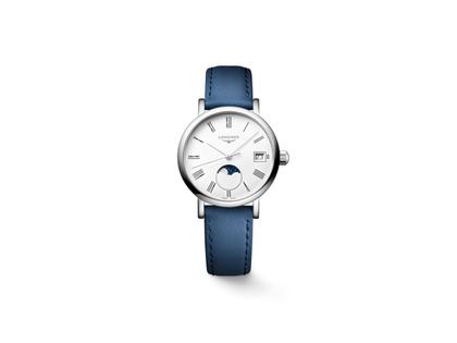 Longines Elegant Collection Quarz Edelstahl 30mm weißes Zifferblatt blaues Lederband – Damenuhren Uhr mit Datum aus Edelstahl und Leder. Das Gehäuse ist rund und silber. Das Lederarmband ist blau. Das Zifferblatt ist römisch und weiß.