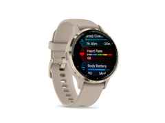 Garmin Venu 3S faserverstärktes Polymer French Grey 41mm beigefarbenes Kautschukband – Herrenuhren Uhr Multifunktion aus Edelstahl, Kautschuk, Kunststoff und PVD beschichtet. Das Gehäuse ist rund und beige. Das Kautschuk / Kunststoff / Silikon Armband ist beige. Das Zifferblatt ist digital und schwarz. – Ansicht 7