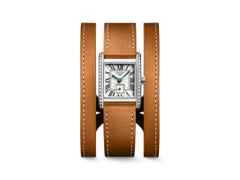 Longines DolceVita   Mini Quarz Edelstahl 22x29mm silbernes Zifferblatt mit Brillanten braunes Lederband – Damenuhren Uhr ohne Datum aus Edelstahl und Leder. Das Gehäuse ist rechteckig und silber. Das Lederarmband ist braun. Das Zifferblatt ist römisch und silber.