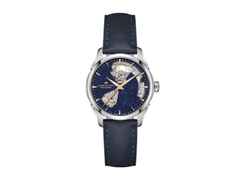 Hamilton Jazzmaster Open Heart Lady Automatik Edelstahl 36mm blaues Zifferblatt blaues Lederband – Damenuhren Uhr ohne Datum aus Edelstahl. Das Gehäuse ist rund und silber. Das Lederarmband ist blau. Das Zifferblatt ist ein Index in blau.