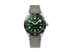 Glashütte Original SeaQ Automatik Edelstahl 40mm grünes Zifferblatt graues Textilband – Herrenuhren Uhr mit Datum aus Edelstahl und Keramik. Das Gehäuse ist rund und silber. Das Textilarmband ist grau. Das Zifferblatt ist arabisch Index und grün.