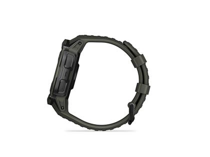 Garmin Instinct 2X Solar faserverstärktes Polymer moosgrün 50 mm Kautschukband moosgrün – Damenuhren Uhr Multifunktion aus Kautschuk und Kunststoff. Das Gehäuse ist rund und grün. Das Kautschuk / Kunststoff / Silikon Armband ist grün. Das Zifferblatt ist digital und schwarz. – Ansicht 3