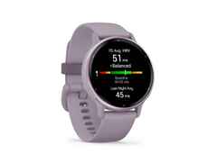 Garmin vívoactive 5 faserverstärktes Polymer orchidee/orchidee metallic 42mm orchideefarbenes Kautschukband – Damenuhren Uhr Multifunktion aus eloxiertes Aluminium, Kautschuk, Kunststoff und PVD beschichtet. Das Gehäuse ist rund und lila. Das Kautschuk / Kunststoff / Silikon Armband ist lila. Der Zifferblatt ist digital. – Ansicht 7