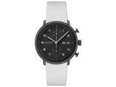 Junghans Max Bill Edition 2020 Set Chronograph und kleine Automatik – Herrenuhren Chronograph aus Edelstahl. Das Gehäuse ist rund und schwarz. Das Lederarmband ist weiß. Das Zifferblatt ist arabisch Index und schwarz. – Ansicht 2