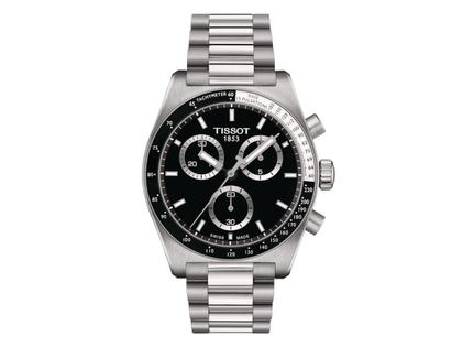 Herrenuhren Chronograph aus Edelstahl. Das Gehäuse ist rund und silber. Das Edelstahlarmband ist silber. Das Zifferblatt ist ein Index in schwarz.