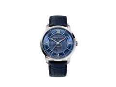Frederique Constant Classics Premiere Automatik Edelstahl 38,5mm blaues Zifferblatt blaues Lederband – Herrenuhren Uhr ohne Datum aus Edelstahl und Leder. Das Gehäuse ist rund und silber. Das Lederarmband ist blau. Das Zifferblatt ist römisch Index und blau.