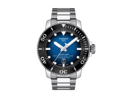 Tissot Seastar 2000 Professional Powermatic 80 Edelstahl 46mm dunkelblaues Zifferblatt Edelstahlband – Herrenuhren Uhr mit Datum aus Edelstahl und Keramik. Das Gehäuse ist rund und silber. Das Edelstahlarmband ist silber. Das Zifferblatt ist ein Index in blau.