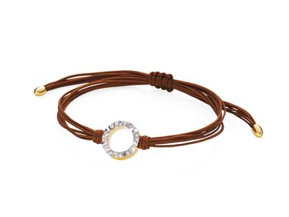Schmuckwerk Alpen Armband braunes Textilband 6-reihig Gelbgold mit Brillanten 0,07ct – Armschmuck Armband aus 750 Gelbgold.