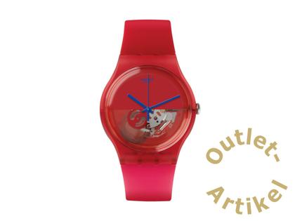 Swatch "Dipred" Quarz Kunststoff 40mm rotes Zifferblatt rotes Silikonband – Herrenuhren Uhr ohne Datum aus Kunststoff. Das Gehäuse ist rund und rot. Das Kautschuk / Kunststoff / Silikon Armband ist rot. Das Zifferblatt ist ein Index in rot.