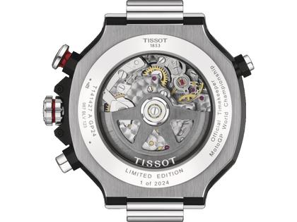 Tissot T-Race MotoGP                  2024 Chronograph Limited Edition  Automatic 45mm blaues Zifferblatt blaues Silikonband – Herrenuhren Chronograph aus Edelstahl und PVD beschichtet. Das Gehäuse ist rund und silber. Das Kautschuk / Kunststoff / Silikon Armband ist blau. Das Zifferblatt ist arabisch Index und blau. – Ansicht 2