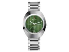 Rado DiaStar Original Automatik Ceramos 38 mm grün Edelstahlband – Herrenuhren Uhr mit Datum aus Edelstahl und Keramik. Das Gehäuse ist oval und silber. Das Edelstahlarmband ist silber. Das Zifferblatt ist ein Index in grün.