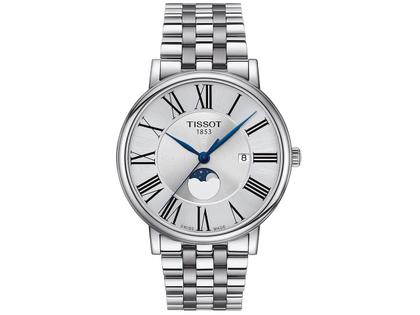 Tissot Carson Premium Gent Mondphase Edelstahl silber Metallband – Herrenuhren Uhr mit Datum aus Edelstahl. Das Gehäuse ist rund und grau. Das Edelstahlarmband ist grau. Das Zifferblatt ist römisch und silber.