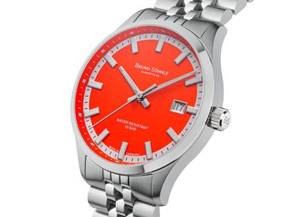 Bruno Söhnle Glashütte Turin Automatik "Bright Red" Sonderedition 2026 Edelstahl 39,5mm rotes Zifferblatt Metallband – Herrenuhren Uhr mit Datum aus Edelstahl. Das Gehäuse ist rund und silber. Das Edelstahlarmband ist silber. Das Zifferblatt ist ein Index in rot. – Ansicht 3