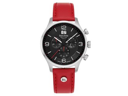 Bruno Söhnle Glashütte Padua Quarz Chronograph Edelstahl schwarz rot Lederband rot – Herrenuhren Chronograph aus Edelstahl. Das Gehäuse ist rund und silber. Das Lederarmband ist rot. Das Zifferblatt ist arabisch Index und schwarz.