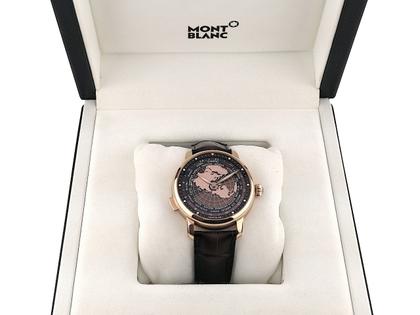 Montblanc Star Legacy Orbis Terrarum Limited Edition Automatik Roségold 43mm Lederband MB126109 Full Set Occasion – Herrenuhren Uhr ohne Datum aus 750 Rotgold. Das Gehäuse ist rund und roségold. Das Lederarmband Kroko / Alligator ist braun. Das Zifferblatt ist arabisch Index und braun. – Ansicht 5