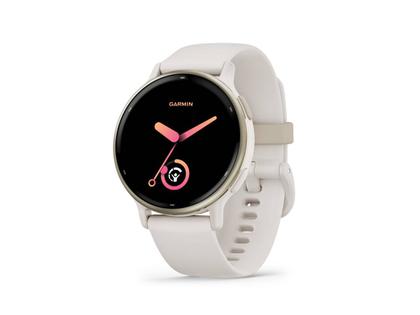 Garmin vívoactive 5 faserverstärktes Polymer elfenbein-/cremgoldfarben 42mm elfenbeinfarbenes Kautschukband – Damenuhren Uhr Multifunktion aus eloxiertes Aluminium, Kautschuk, Kunststoff und PVD beschichtet. Das Gehäuse ist rund und elfenbein. Das Kautschuk / Kunststoff / Silikon Armband ist elfenbein. Der Zifferblatt ist digital. – Ansicht 3