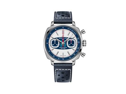 Breitling Top Time B01 Racing Automatik Edelstahl 38mm weißes Zifferblatt blaues Lederband – Herrenuhren Chronograph aus Edelstahl und Leder. Das Gehäuse ist silber. Das Lederarmband ist blau. Das Zifferblatt ist ein Index in weiß.