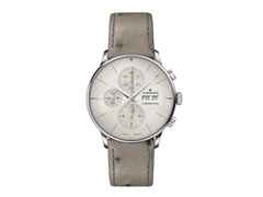 Junghans Meister Chronoscope Automatik Edelstahl 41mm graues Zifferblatt graues Lederband – Herrenuhren Chronograph aus Edelstahl und Leder. Das Gehäuse ist rund und silber. Das Lederarmband Strauß ist grau. Das Zifferblatt ist ein Index in grau.