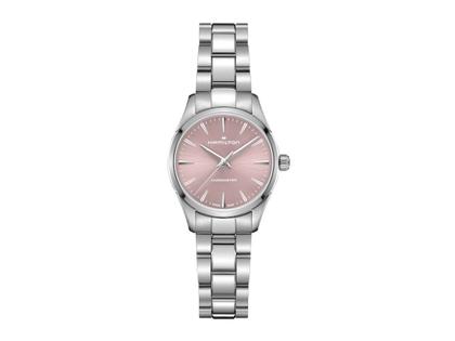 Hamilton Jazzmaster Quartz Edelstahl 32mm rosa Zifferblatt Metallband – Damenuhren Uhr ohne Datum aus Edelstahl. Das Gehäuse ist rund und silber. Das Edelstahlarmband ist silber. Das Zifferblatt ist ein Index in rosa.