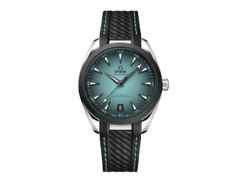 Omega Seamaster Aqua Terra 150M Automatik Edelstahl 41mm türkisfarbenes Zifferblatt schwarzes Kautschukband – Herrenuhren Uhr mit Datum aus Edelstahl, Kautschuk und Keramik. Das Gehäuse ist rund und silber. Das Kautschuk / Kunststoff / Silikon Armband ist schwarz. Das Zifferblatt ist ein Index in türkis.