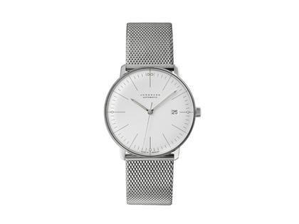 Herrenuhren Uhr mit Datum aus Edelstahl. Das Gehäuse ist rund und silber. Das Edelstahlarmband ist silber. Das Zifferblatt ist ein Index in silber.