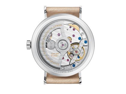 Nomos Glashütte Tangente 35 neomatik Champagner Automatik Edelstahl 35mm beiges Zifferblatt beiges Lederband – Damenuhren Uhr ohne Datum aus Edelstahl. Das Gehäuse ist rund und silber. Das Lederarmband ist beige. Das Zifferblatt ist arabisch Index und beige. – Ansicht 2