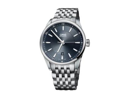 Oris Artix Date Automatik Edelstahl 42mm blaues Zifferblatt Metallband – Herrenuhren Uhr mit Datum aus Edelstahl. Das Armband ist ein Edelstahlarmband. Der Zifferblatt ist ein Index.