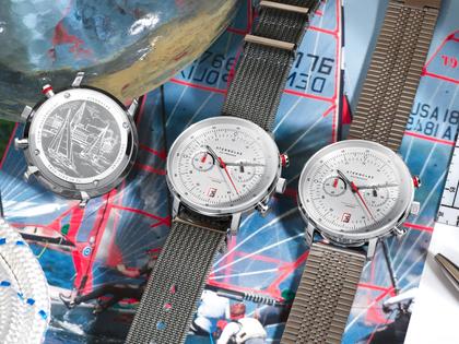 Sternglas Hamburg Chrono Quarz Edelstahl 42mm weißes Zifferblatt Metallband – Herrenuhren Chronograph aus Edelstahl. Das Gehäuse ist rund und silber. Das Edelstahlarmband ist silber. Das Zifferblatt ist arabisch Index und weiß. – Ansicht 2