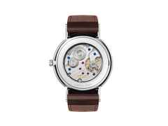 Nomos Glashütte Ludwig 38 Emaillleweiß Handaufzug Edelstahl weißes Zifferblatt braunes Lederband Glasboden – Herrenuhren Uhr ohne Datum aus Edelstahl. Das Gehäuse ist rund und silber. Das Lederarmband ist braun. Das Zifferblatt ist römisch Index und weiß. – Ansicht 3