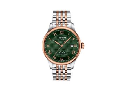 Tissot LeLocle Automatik Edelstahl Roségold-PVD 39mm grünes Zifferblatt Metallband – Herrenuhren Uhr mit Datum aus 750 Rotgold und Edelstahl. Das Gehäuse ist rund und silber. Das Edelstahlarmband ist silber-roségold. Das Zifferblatt ist römisch und grün.