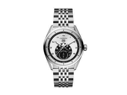 TAG Heuer Carrera Astronomer Automatik Edelstahl 39mm silbernes Zifferblatt Metallband – Herrenuhren Uhr mit Datum aus Edelstahl. Das Gehäuse ist rund und silber. Das Edelstahlarmband ist silber. Das Zifferblatt ist arabisch Index und silber.