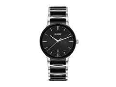 Rado Centrix Quarz Edelstahl 39,5mm schwarzes Zifferblatt Metallband – Herrenuhren Uhr mit Datum aus Edelstahl und Keramik. Das Gehäuse ist rund und silber. Das Keramikarmband ist schwarz. Das Zifferblatt ist ein Index in schwarz.