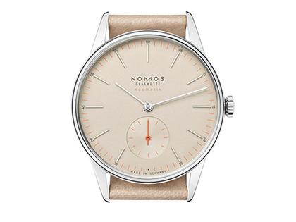 Nomos Glashütte Orion neomatik 36 Champagner Automatik Edelstahl 36mm beiges Zifferblatt beiges Lederband – Herrenuhren Uhr ohne Datum aus Edelstahl. Das Gehäuse ist rund und silber. Das Lederarmband ist beige. Das Zifferblatt ist arabisch Index und beige. – Ansicht 3