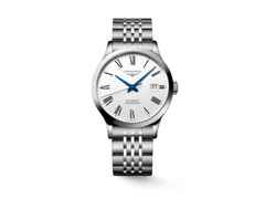 Longines Record Automatik Edelstahl 38,5mm weißes Zifferblatt Metallband – Herrenuhren Uhr mit Datum aus Edelstahl. Das Gehäuse ist rund und silber. Das Edelstahlarmband ist silber. Das Zifferblatt ist römisch und weiß.