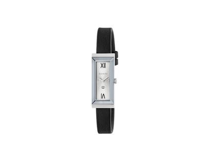 Gucci G-Frame Quarz Edelstahl 14x34mm silbernes Zifferblatt schwarzes Lederband YA127515 – Damenuhren Uhr ohne Datum aus Edelstahl. Das Gehäuse ist rechteckig und silber. Das Lederarmband ist schwarz. Das Zifferblatt ist ein Index in silber.