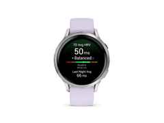 Garmin Venu 4 Quarz Edelstahl und Polymer 41mm digitales Zifferblatt violettes Silikonband – Herrenuhren Uhr Multifunktion aus Edelstahl und Faserverstärktes Polymer. Das Gehäuse ist rund und silber. Das Kautschuk / Kunststoff / Silikon Armband ist lila. Das Zifferblatt ist digital und schwarz.