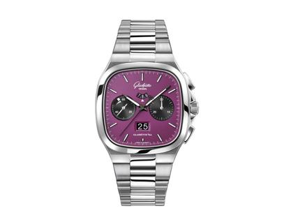 Glashütte Original Seventies Chronograph Panoramadatum Plasma Limited Edition Automatik Edelstahl 40mm violettes Zifferblatt Metallband – Herrenuhren Chronograph aus 585 Weißgold und Edelstahl. Das Gehäuse ist quadratisch und silber. Das Edelstahlarmband ist silber. Das Zifferblatt ist ein Index in lila.
