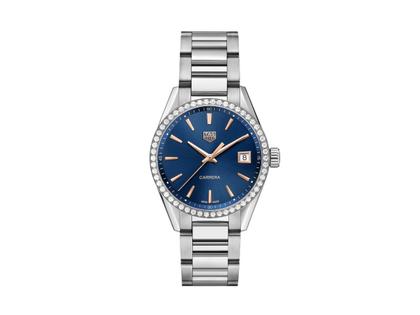 Damenuhren Uhr mit Datum aus Edelstahl. Das Gehäuse ist rund und silber. Das Edelstahlarmband ist silber. Das Zifferblatt ist ein Index in blau.