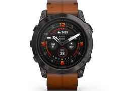 Garmin epix Pro Sapphire Titan carbongrau beschichtet 51 mm Lederband braun – Herrenuhren Uhr Multifunktion aus DLC beschichtet, Kautschuk, Leder und Titan. Das Gehäuse ist rund und schwarz. Das Lederarmband ist braun. Das Zifferblatt ist digital und schwarz.