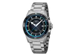 Mühle Glashütte Sportivo Travel GMT Automatik Edelstahl 42,5mm schwarzes Zifferblatt Metallband – Herrenuhren Uhr mit Datum aus Edelstahl und Keramik. Das Gehäuse ist rund und silber. Das Edelstahlarmband ist silber. Das Zifferblatt ist arabisch Index und schwarz.