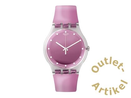 Swatch "Rosegari" Quarz Kunststoff 41mm pinkes Zifferblatt pinkes Silikonband – Herrenuhren Uhr ohne Datum aus Kunststoff. Das Gehäuse ist rund und transparent. Das Kautschuk / Kunststoff / Silikon Armband ist pink. Das Zifferblatt ist ein Index in transparent.