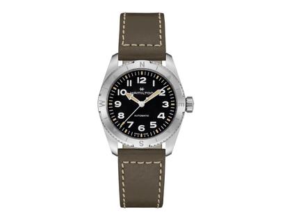 Hamilton Khaki Field Expedition Automatik Edelstahl 37mm schwarzes Zifferblatt olivgrünes Lederband – Herrenuhren Uhr ohne Datum aus Edelstahl und Leder. Das Gehäuse ist rund und silber. Das Lederarmband ist grün. Das Zifferblatt ist arabisch und schwarz.