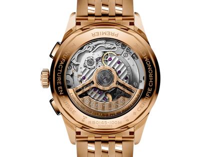 Breitling Premier B01 Chronograph 42 Automatik Rotgold beiges Zifferblatt Rotgoldband – Herrenuhren Chronograph aus 750 Rotgold. Das Gehäuse ist rund und roségold. Das Goldarmband ist roségold. Das Zifferblatt ist arabisch und beige. – Ansicht 4