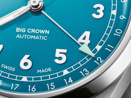 Oris Big Crown Pointer Date Automatik Edelstahl 40mm hellblaues Zifferblatt Metallband – Herrenuhren Uhr mit Datum aus Edelstahl. Das Gehäuse ist rund und silber. Das Edelstahlarmband ist silber. Das Zifferblatt ist arabisch und blau. – Ansicht 5