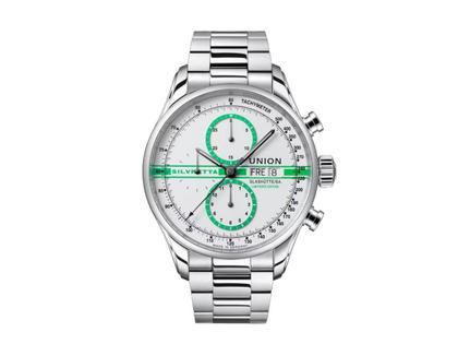 Union Glashütte Viro Chronograph Silvretta Classic 2022 Limited Edition Automatik Edelstahl 44mm weiß-grünes Zifferblatt schwarzes Lederband – Herrenuhren Chronograph aus Edelstahl. Das Gehäuse ist rund und silber. Das Lederarmband ist schwarz. Das Zifferblatt ist ein Index in grün. – Ansicht 2