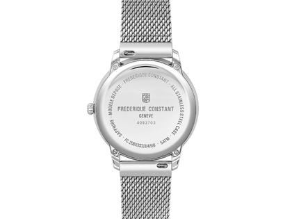 Frederique Constant Classics Moneta Moonphase Quarz Edelstahl 37mm blaues Zifferblatt Metallband – Herrenuhren Uhr ohne Datum aus Edelstahl und Leder. Das Gehäuse ist rund und silber. Das Edelstahlarmband ist silber. Das Zifferblatt ist ein Index in blau. – Ansicht 2